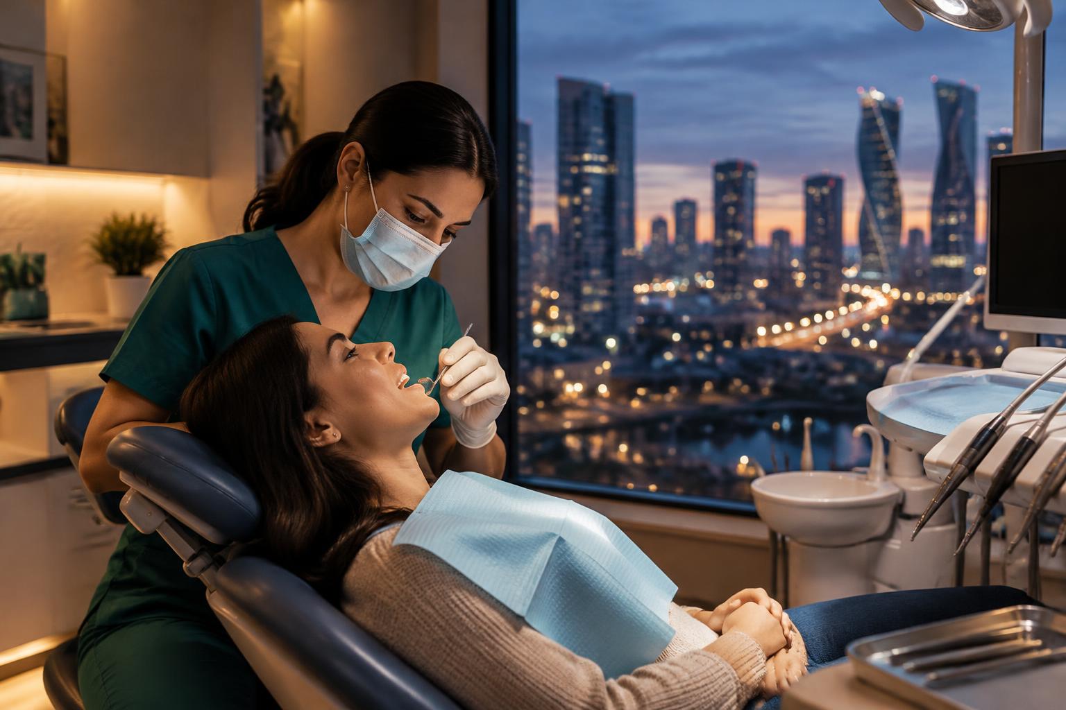 A dentist examines a patient's tooth in a modern Mississauga dental clinic during an evening emergency visit.