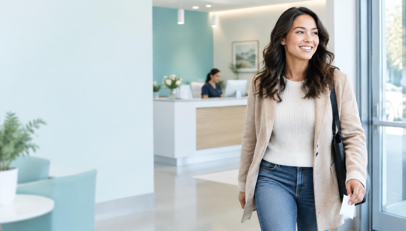 Patient leaving a bright dental practice after her visit