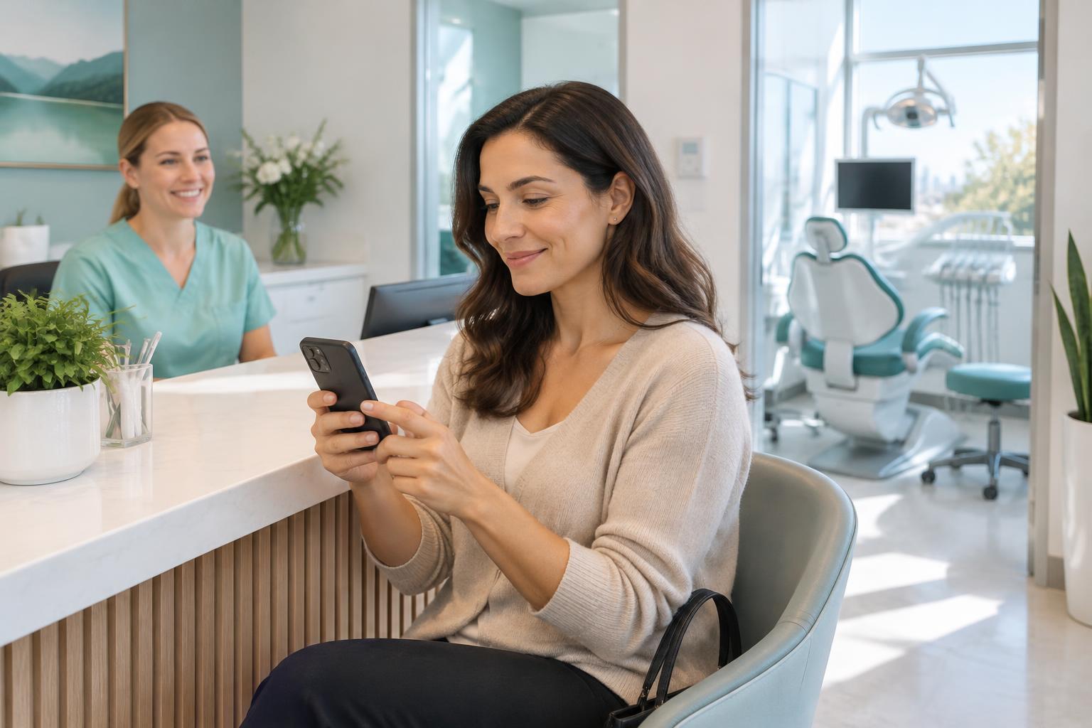 A patient checks her phone in a bright dental clinic with a dental professional nearby.