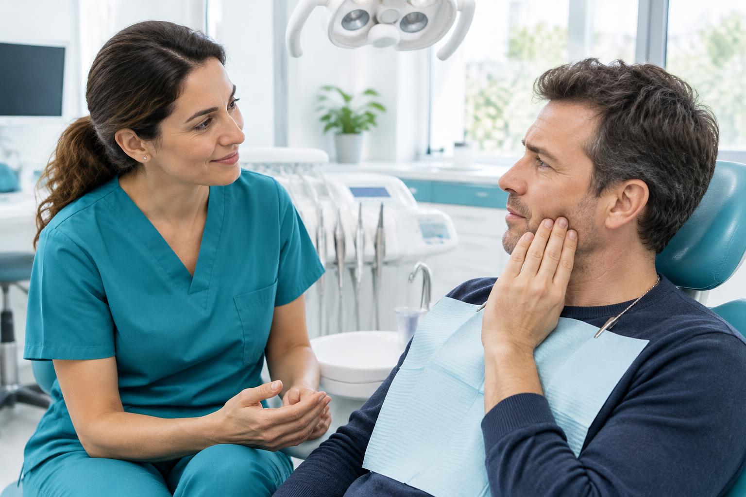 A dentist in teal scrubs discusses urgent tooth discomfort with a patient in a bright dental clinic.